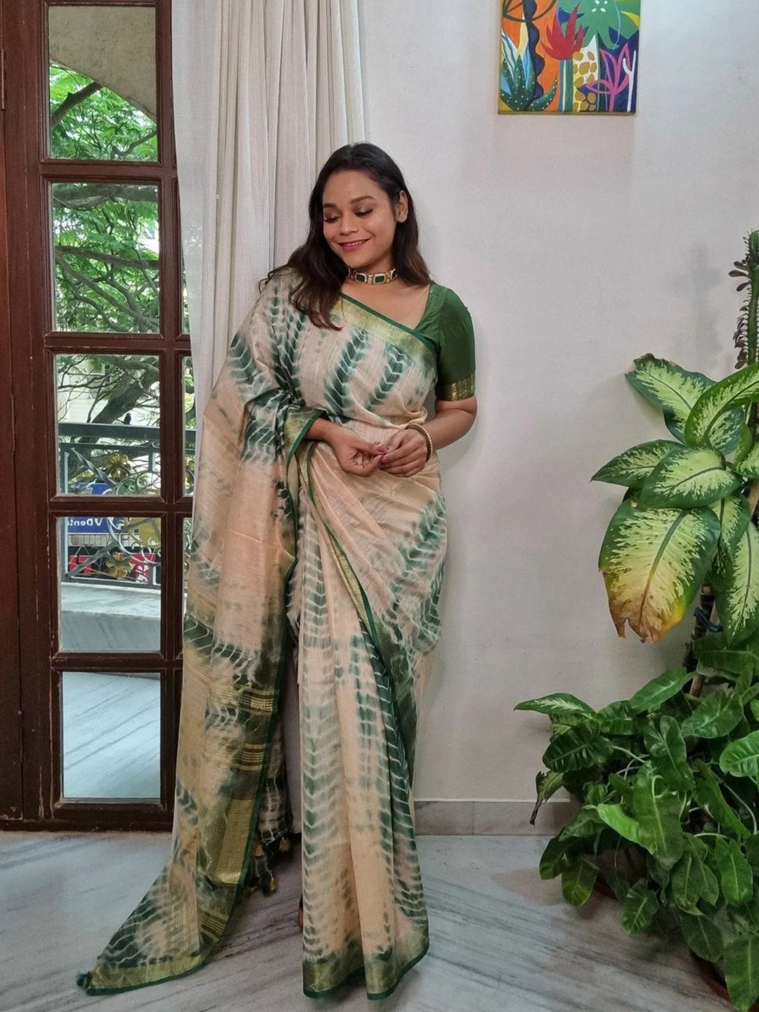 

Nimidiya Tie and Dye Zari Pure Cotton Saree, Beige