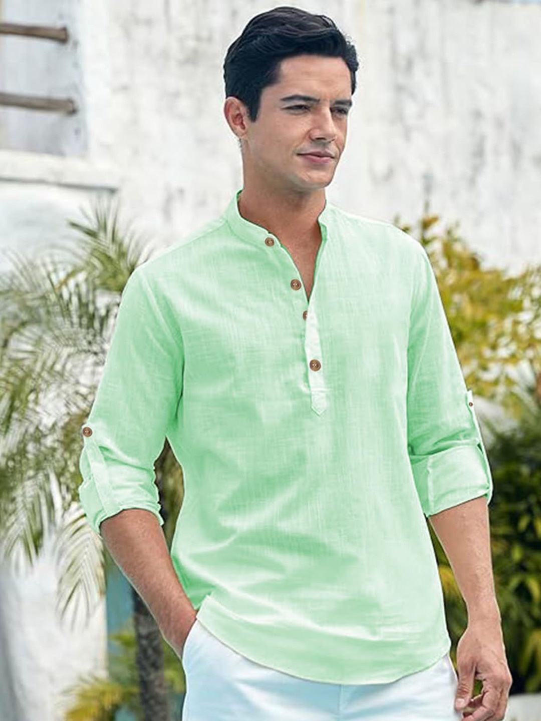 

EdinWolf Men India Slim Fit Band Collar Solid Cotton Casual Shirt, Lime green