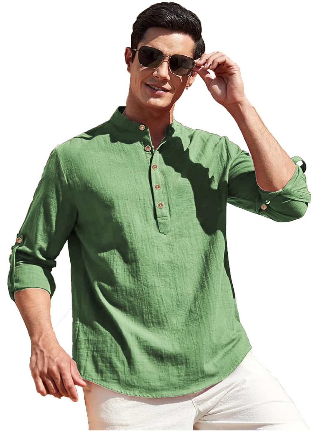 

EdinWolf Men India Slim Fit Band Collar Solid Cotton Casual Shirt, Green