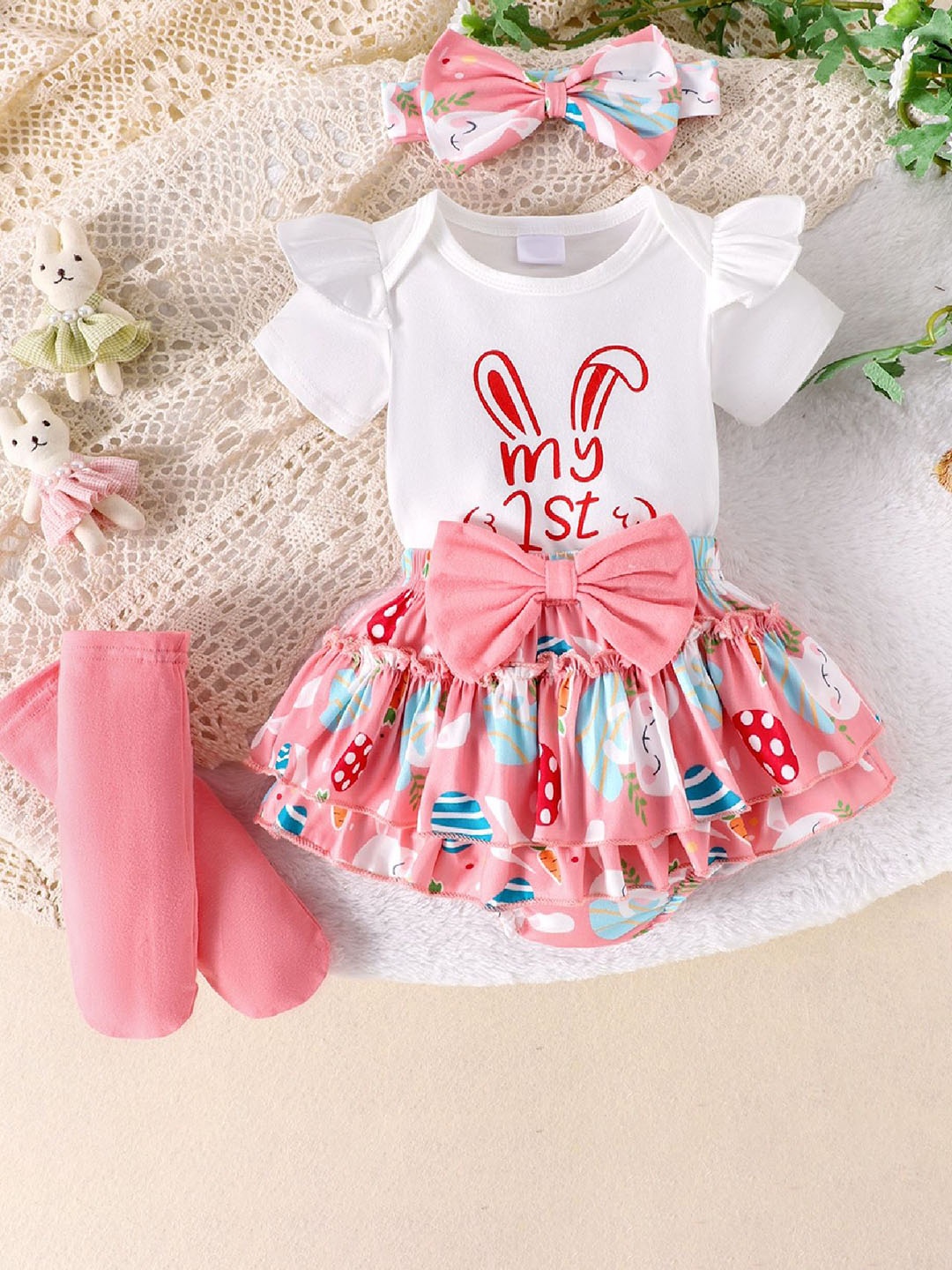 

Xsole Girls Printed Round Neck Bodysuit With Skirt, White