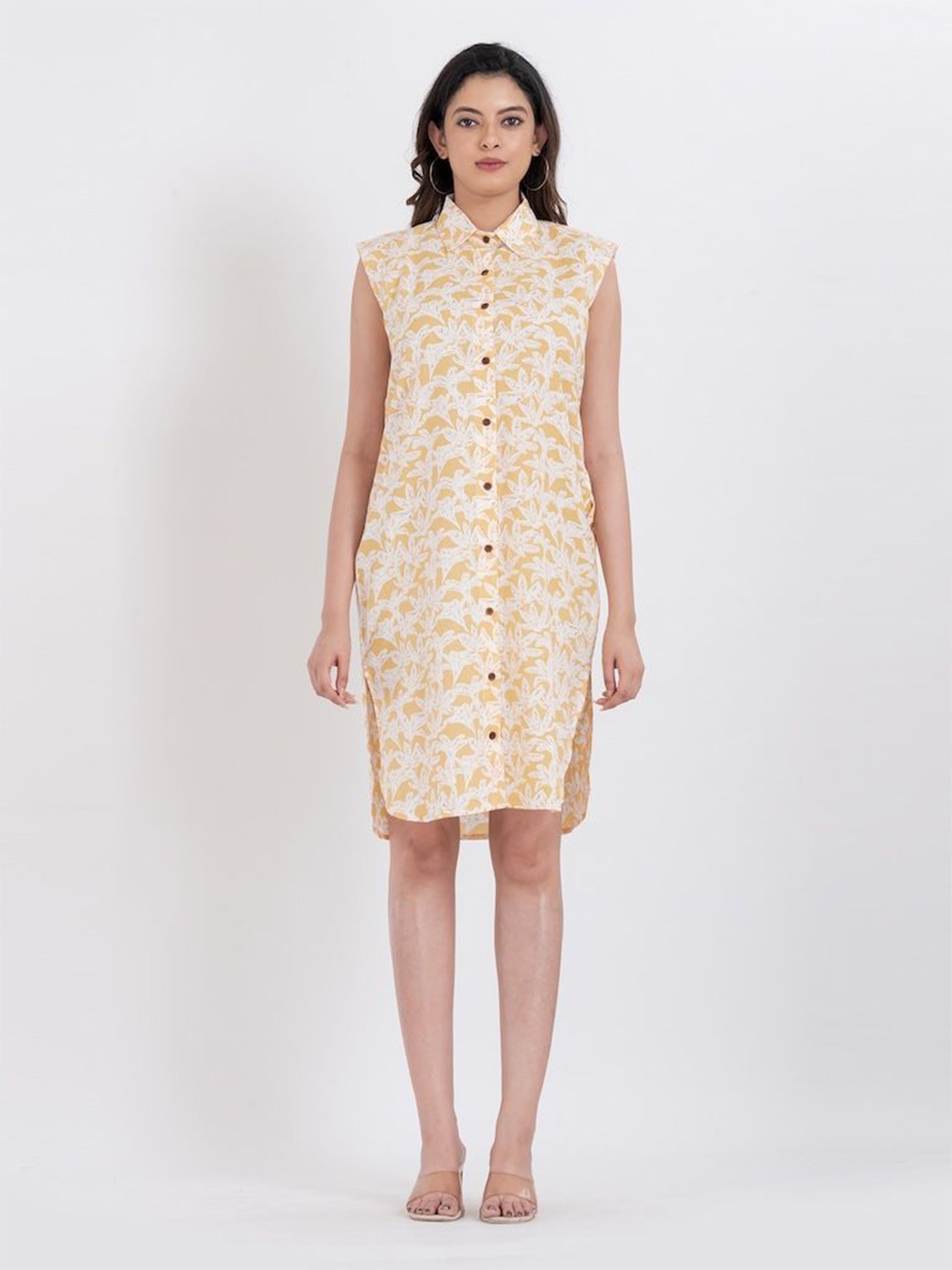 

Kartikeya Jaipur Women Floral Printed Pure Cotton Shirt Above Knee Dress, Yellow