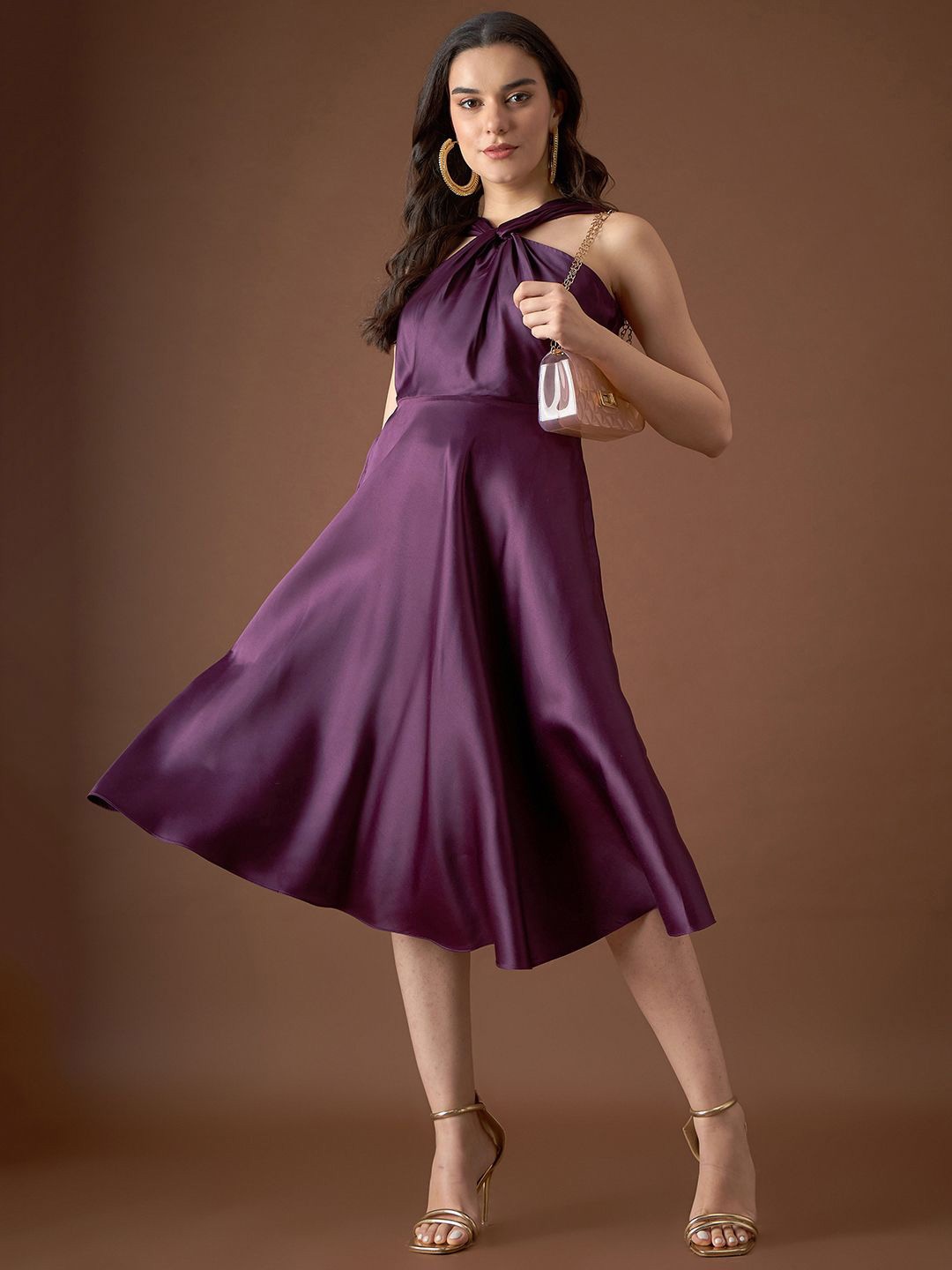 

MABISH by Sonal Jain Women Fit and Flare Halter Neck Midi Dress, Purple