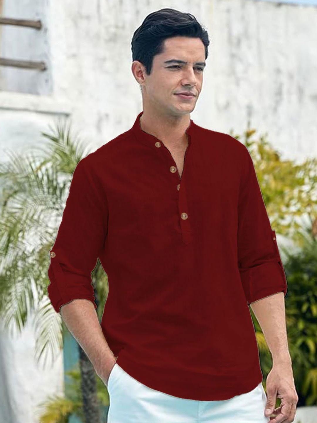 

EdinWolf Men India Slim Fit Mandarin Collar Solid Cotton Casual Shirt, Maroon
