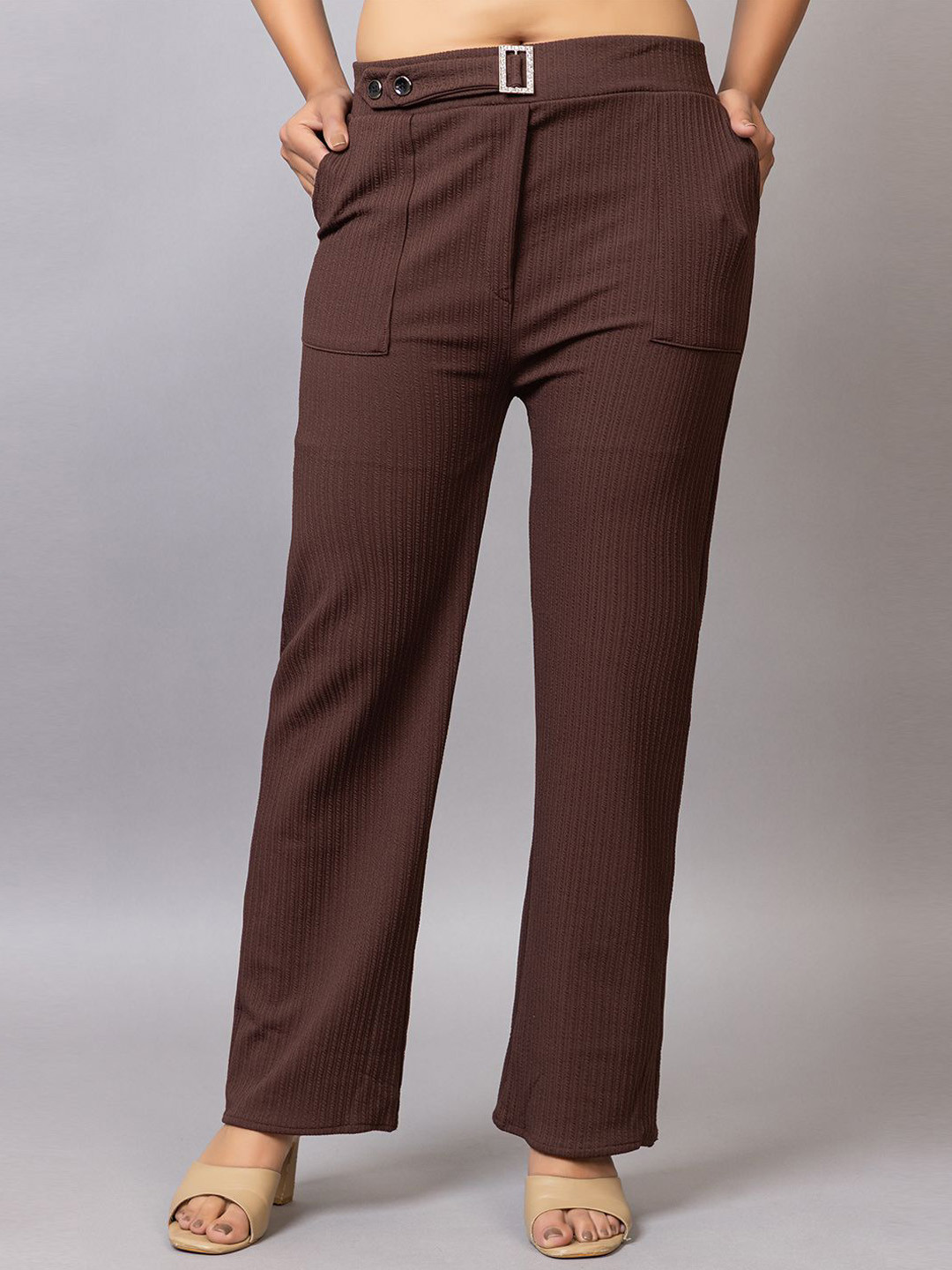 

PROBASIC Women Striped Smart Regular Fit Cotton Trousers, Brown