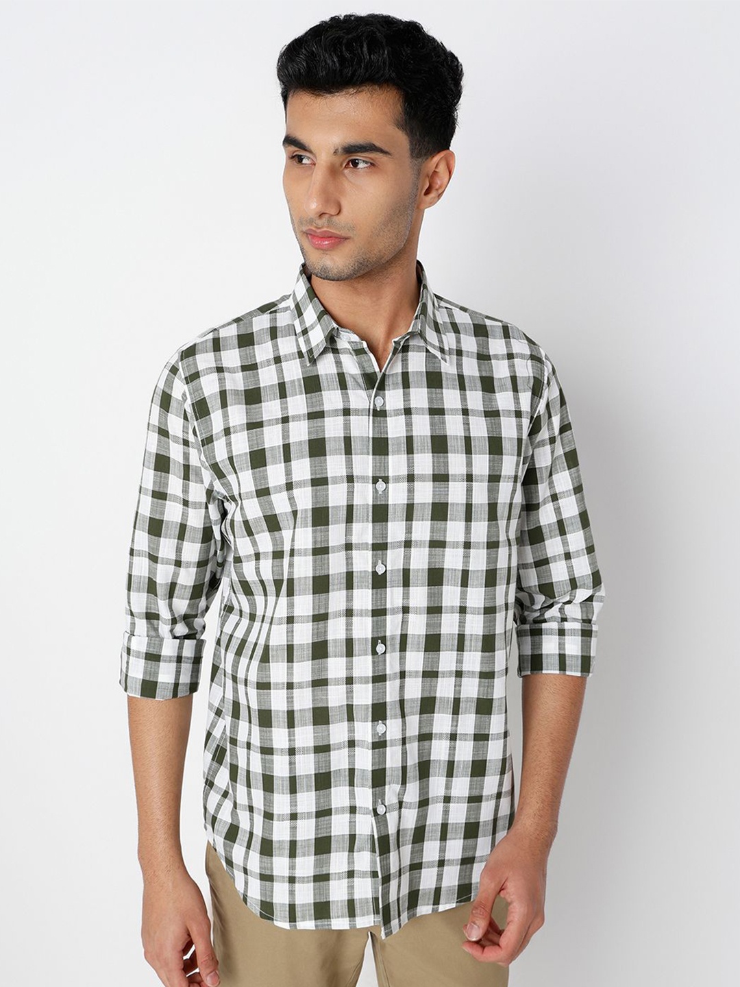 

MARK & ALBERT Men India Slim Fit Spread Collar Tartan Checked Cotton Linen Casual Shirt, White