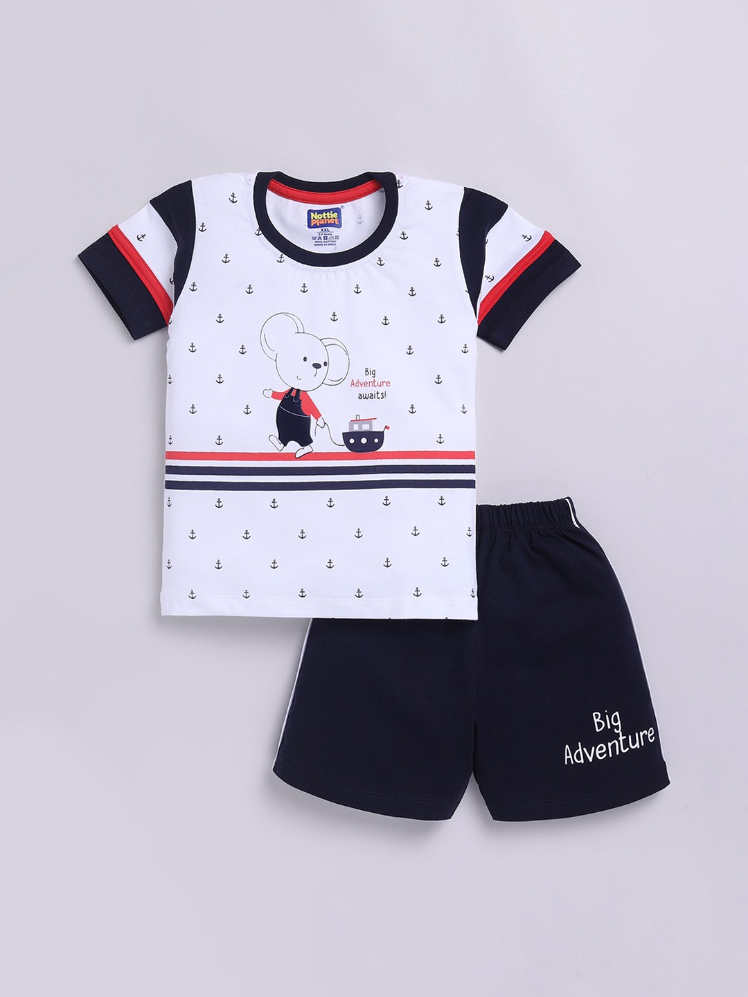 

Nottie Planet Boys Printed Round Neck Pure Cotton T-Shirt With Shorts, Navy blue