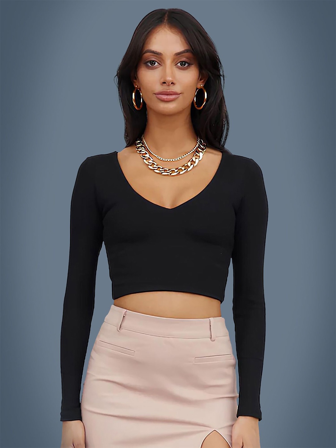 

Dream Beauty Fashion Women V-Neck Regular Sleeves Fitted Crop Top, Black