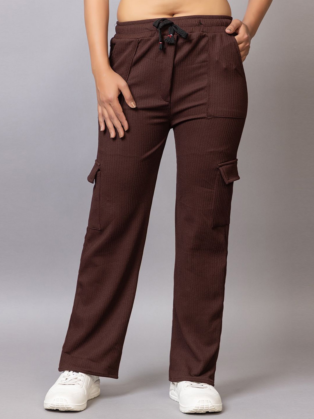 

PROBASIC Self Design Striped Mid-Rise Regular Trousers, Brown