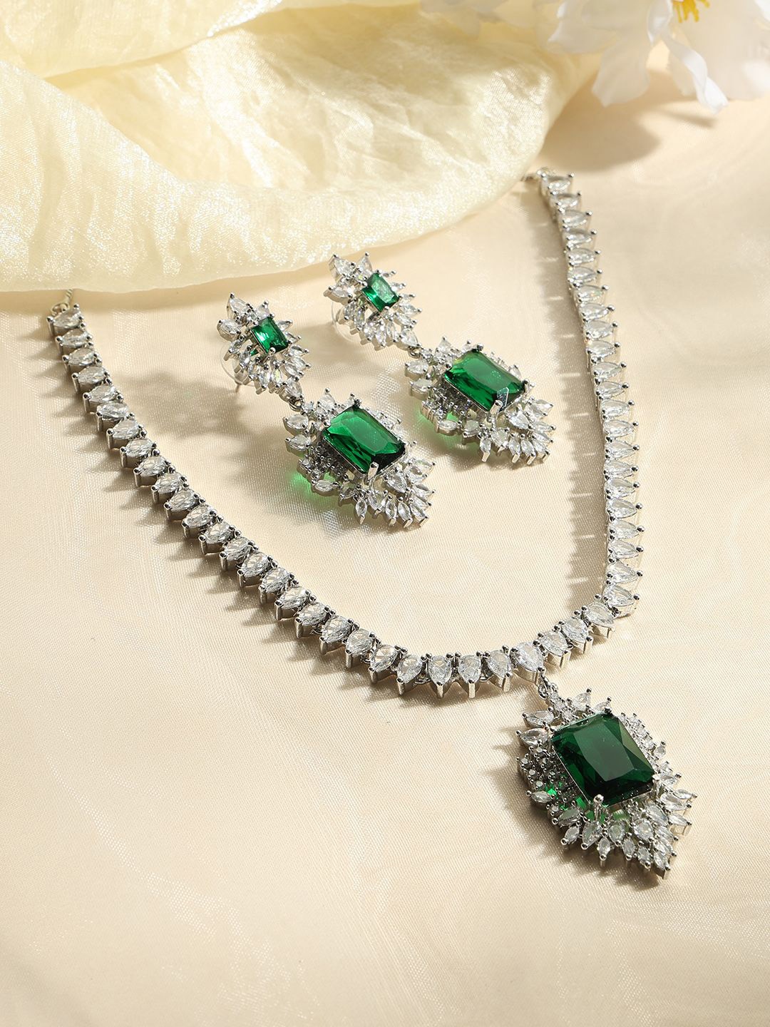 

justpeachy Rhodium-Plated American Diamond-Studded Jewellery Set, Silver