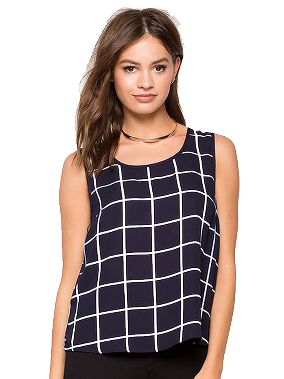 

MALLORY WINSTON Women Checked Sleeveless High-Low Top, Navy blue