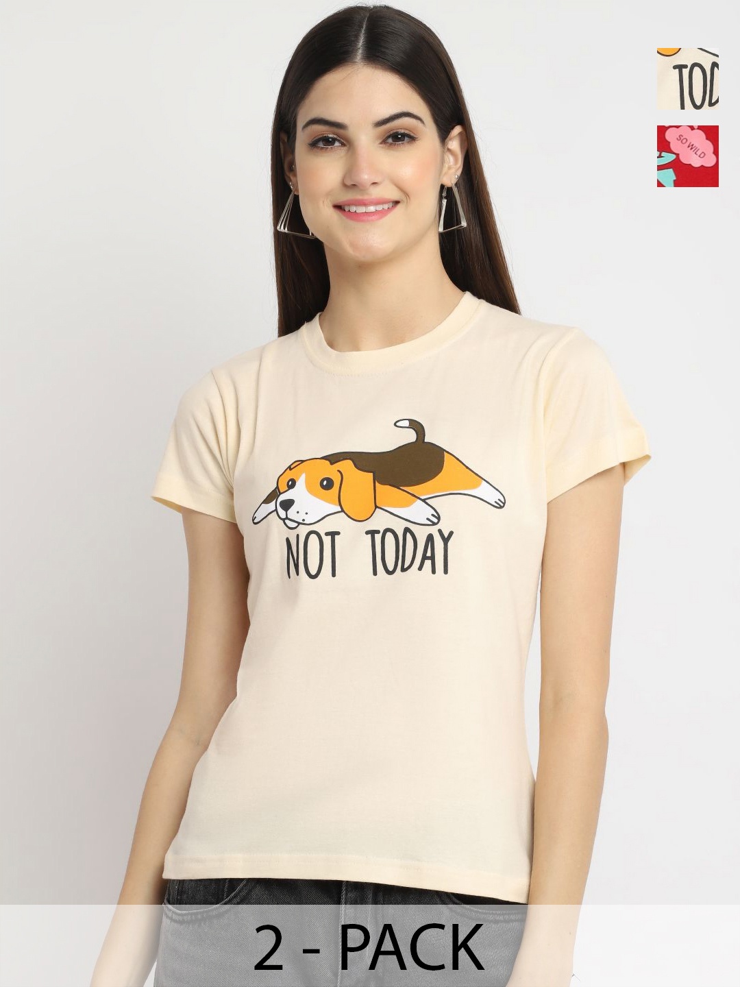 

Tromko Women Pack of 2 Typography Printed Round Neck Cotton Regular Fit T-shirts, Beige