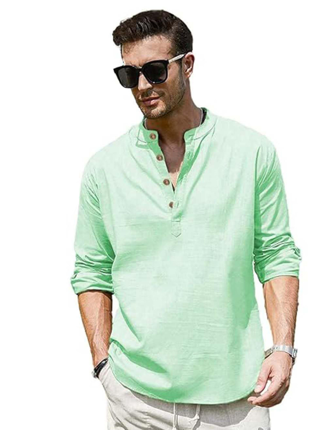 

EdinWolf Men India Slim Fit Band Collar Solid Cotton Casual Shirt, Sea green