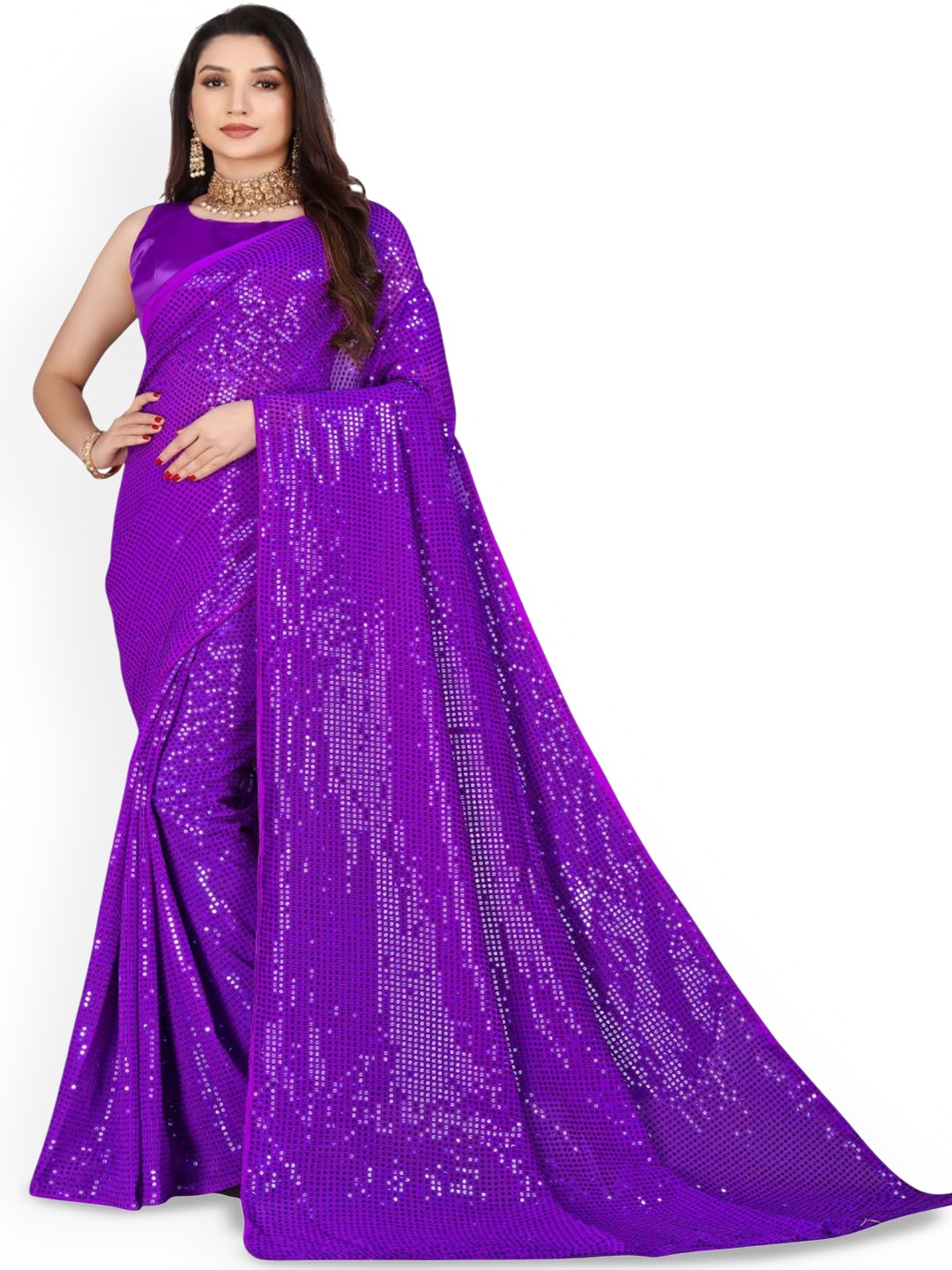 

THE52 Embellished Sequinned Saree With Blouse, Purple
