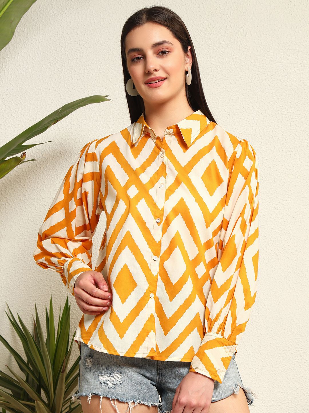 

HANDICRAFT PALACE Women Comfort Slim Fit Geometric Printed Cotton Casual Shirt, Yellow