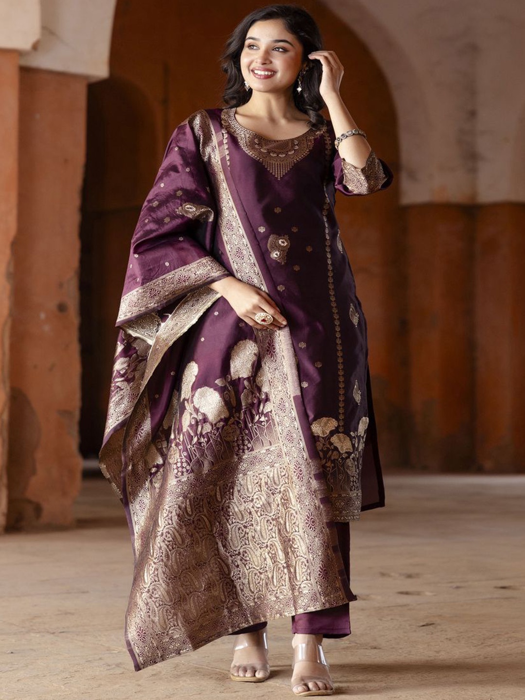 

BLACK SCISSOR Floral Printed Round Neck Zari Straight Kurta With Trousers & Dupatta, Coffee brown