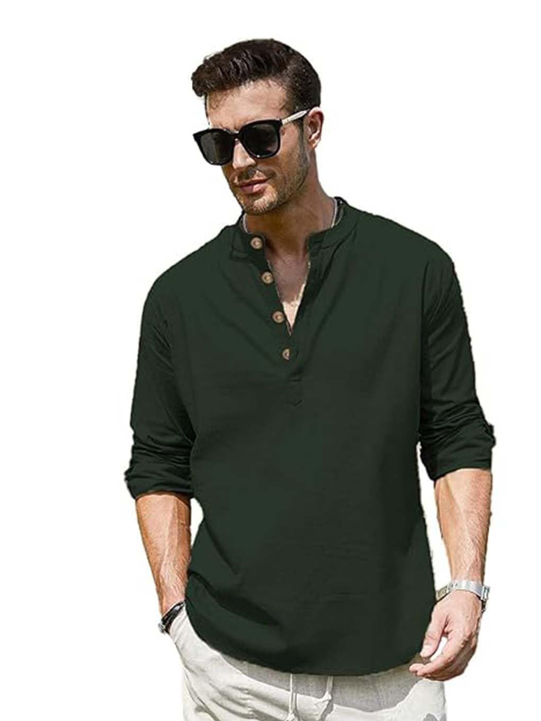 

EdinWolf Men India Slim Fit Band Collar Solid Cotton Casual Shirt, Green