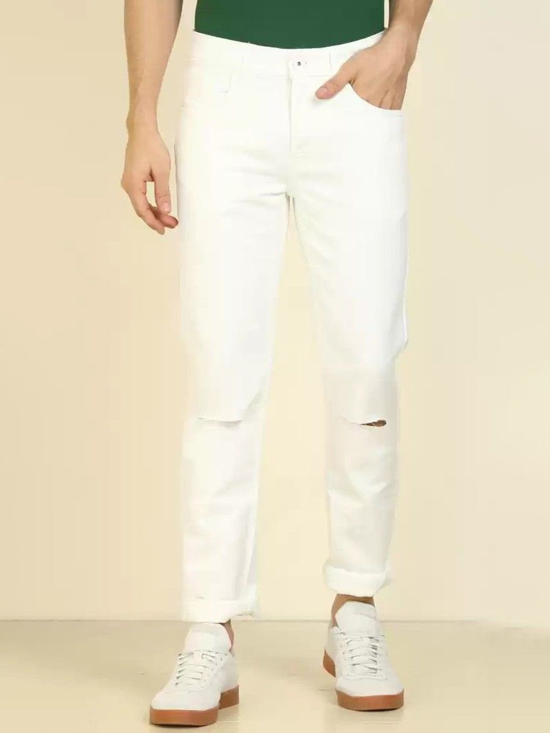 

LINARIA Men Classic Slim Fit Slash Knee Mid-Rise Jeans, White