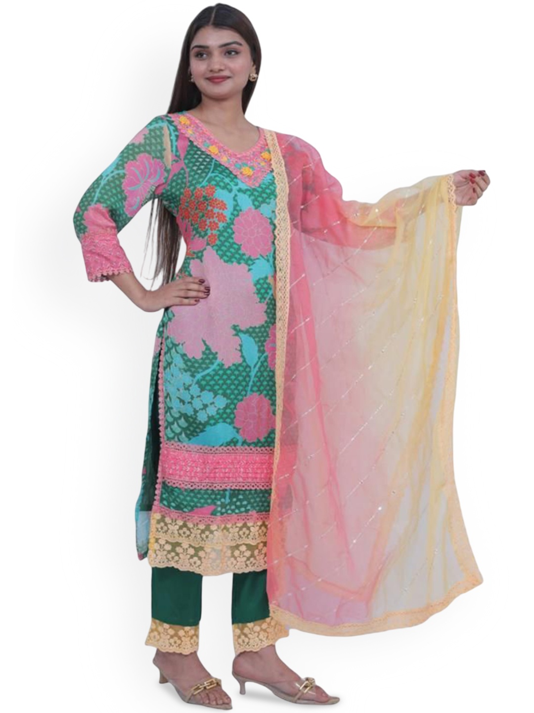 

Wavy Collection Women Floral Printed Regular Kurta with Trousers & With Dupatta, Green
