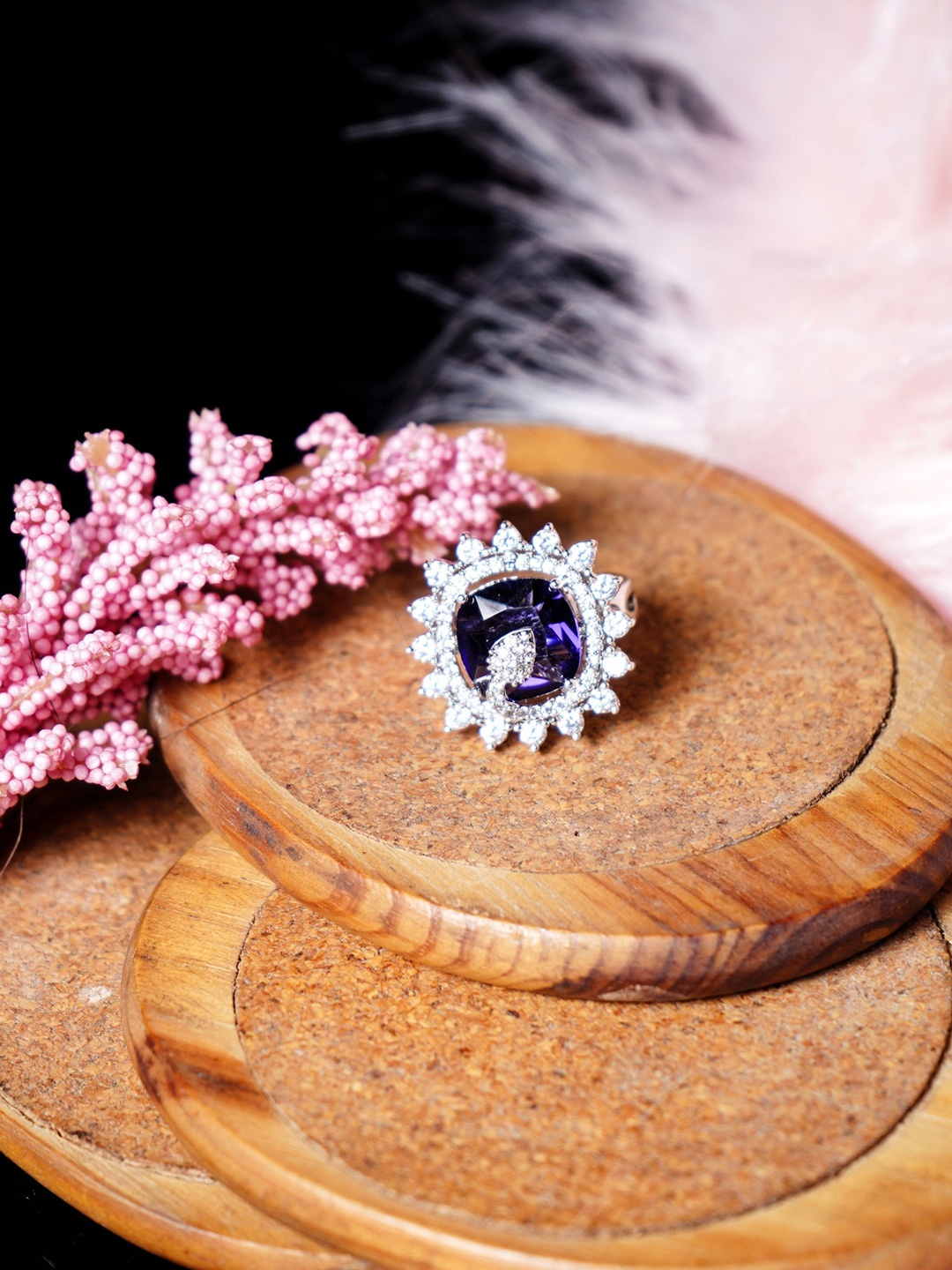 

Chaandi Rivaaz Rhodium-Plated Cubic Zirconia Studded Finger Ring, Violet