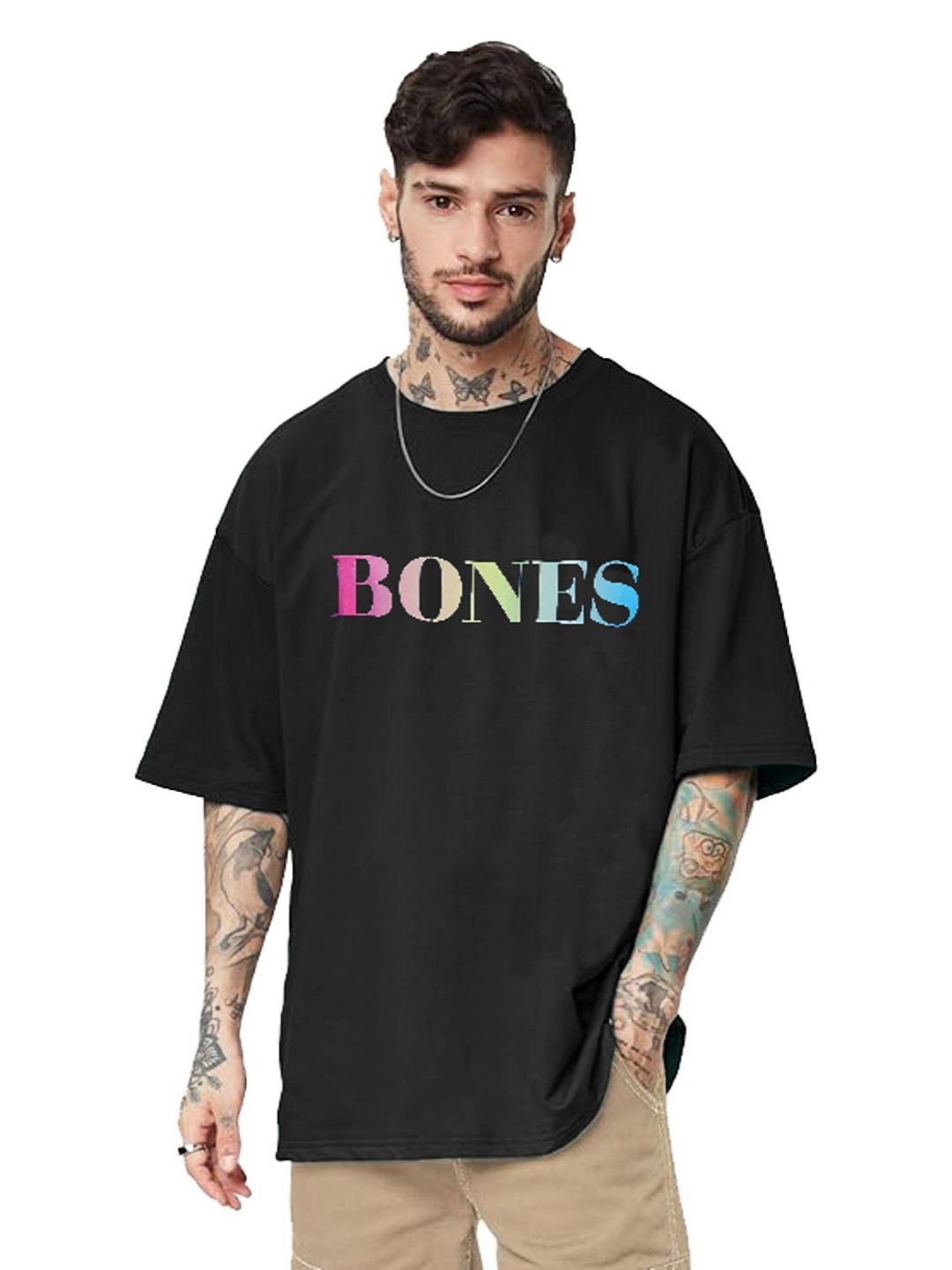 

f Gallery Men Solid Round Neck Oversized T-shirt, Black
