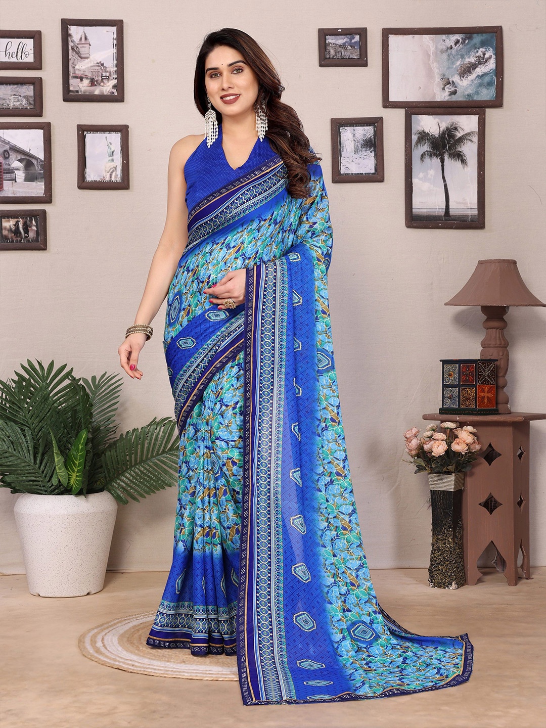 

Nirmohi Fashion Embellished Beads and Stones Saree, Blue