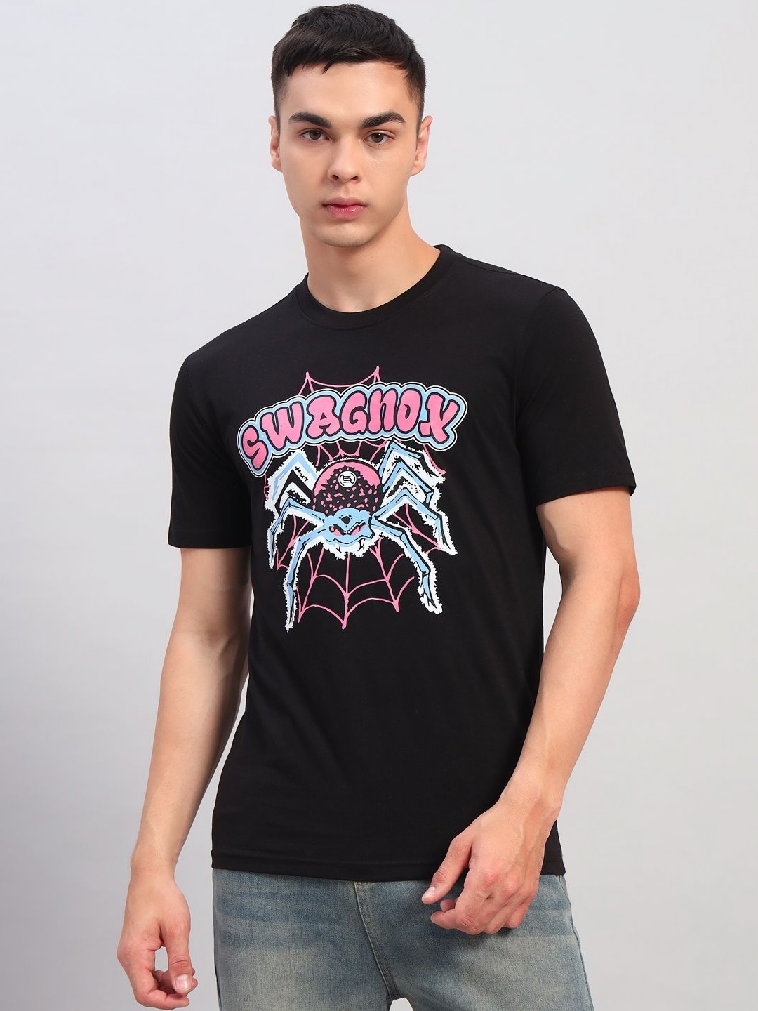 

SWAGNOX Men Graphic Printed Round Neck Cotton Regular Fit T-shirt, Black