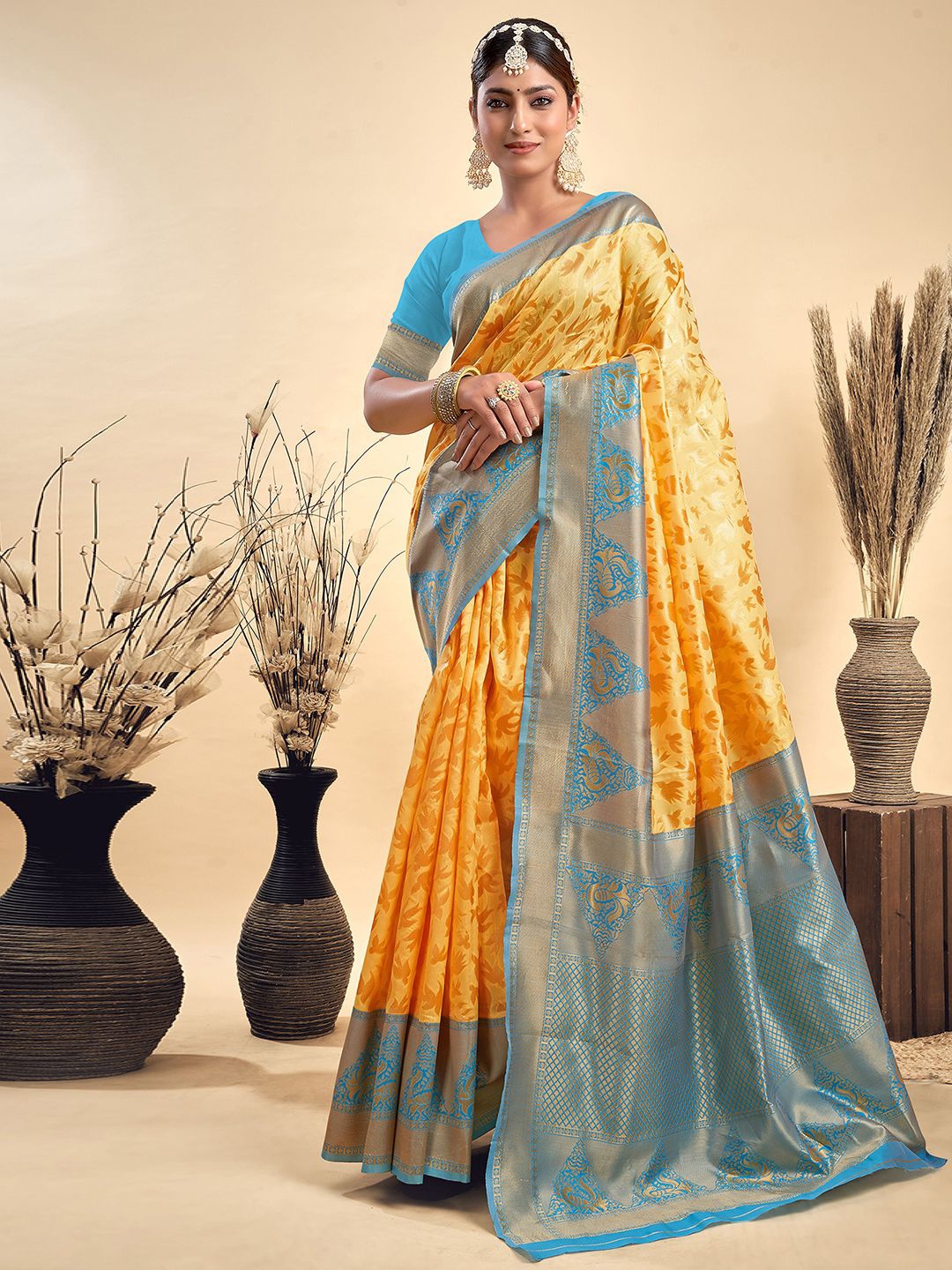 

KALINI Woven Design Zari Silk Blend Paithani Saree, Yellow