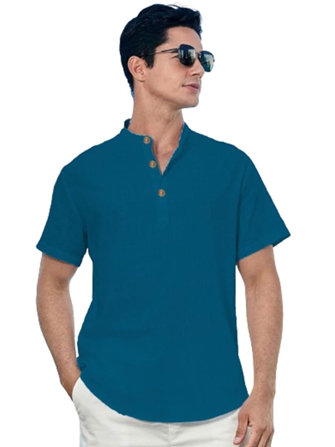 

EdinWolf Men India Slim Fit Band Collar Solid Cotton Casual Shirt, Teal
