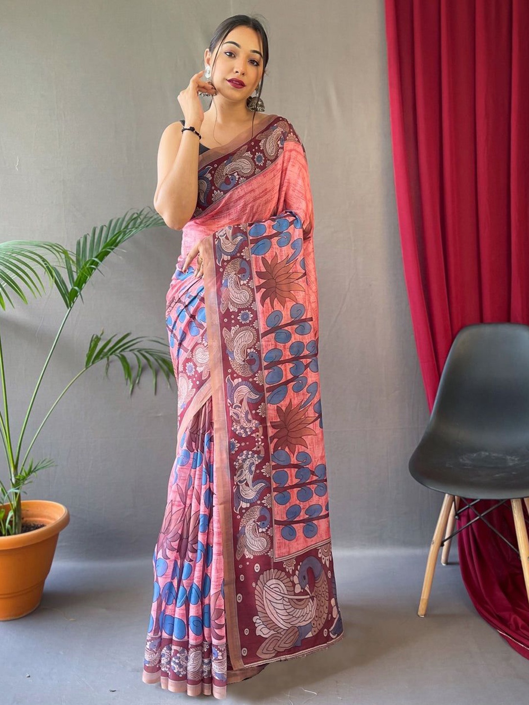 

Nimidiya Kalamkari Printed Pure Cotton Saree, Pink