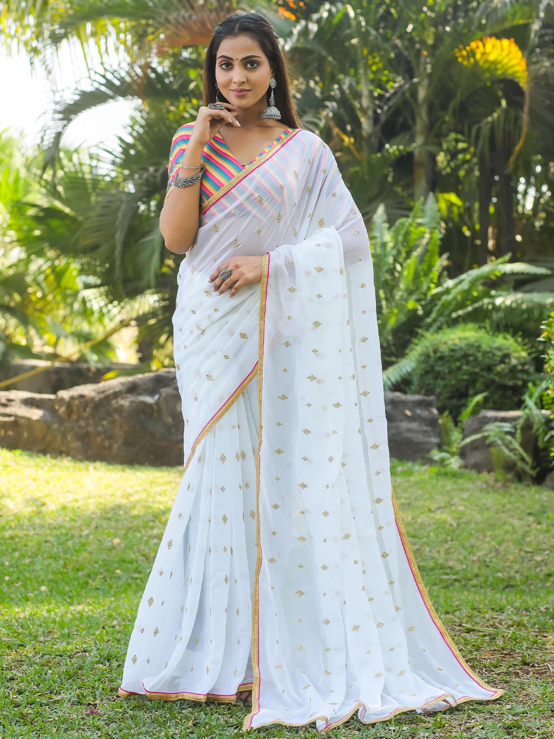 

THE52 Embroidered Sequinned Pure Georgette Saree, White