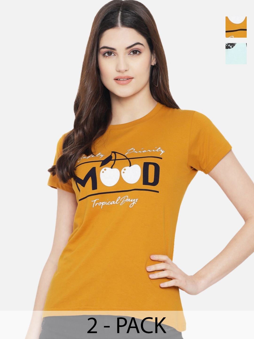 

Tromko Women Pack of 2 Typography Printed Round Neck Cotton Regular Fit T-shirts, Mustard