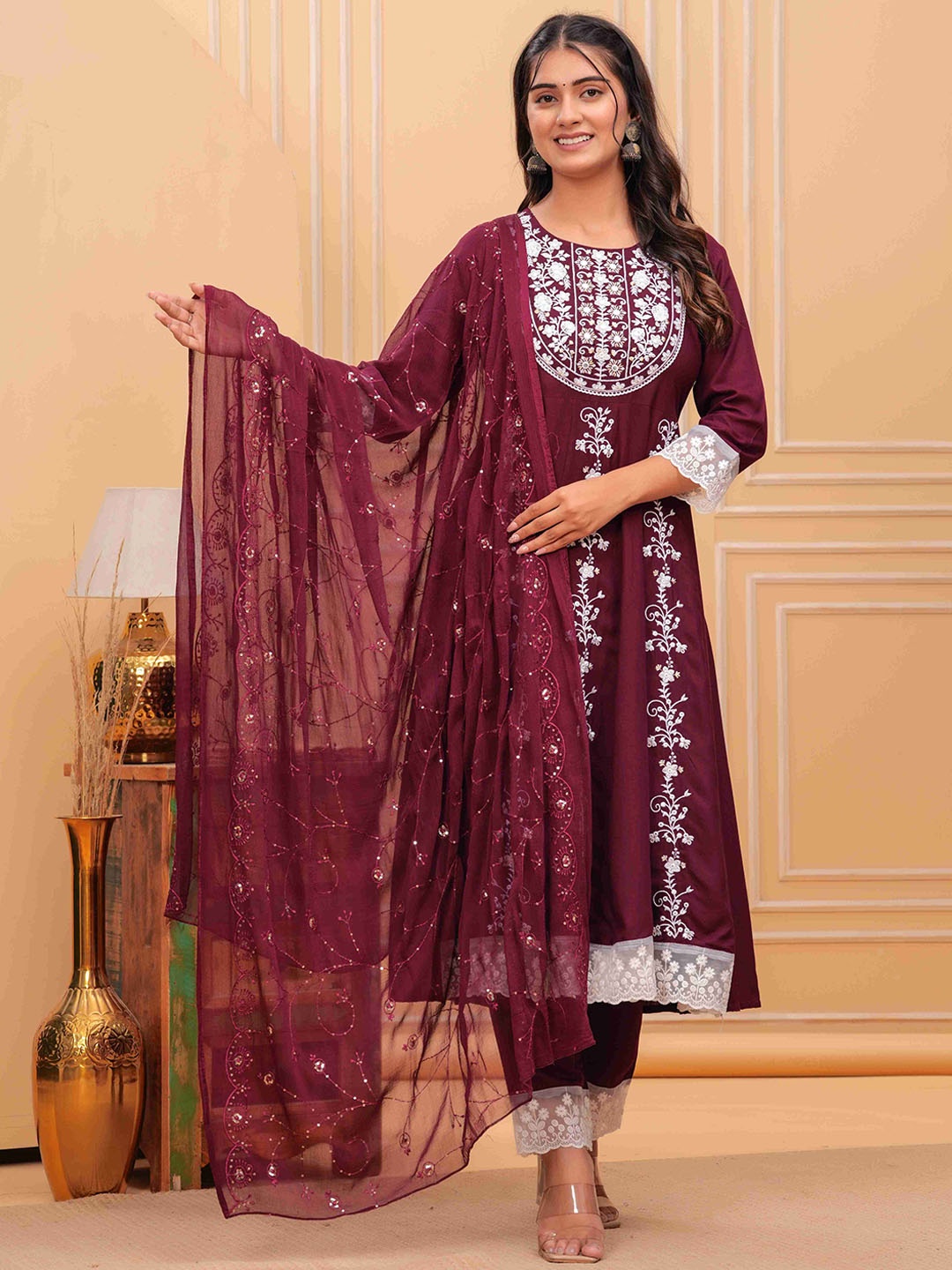 

ALEXEY JAY Floral Embroidered Round Neck Anarkali Kurta With Trousers & Dupatta, Maroon
