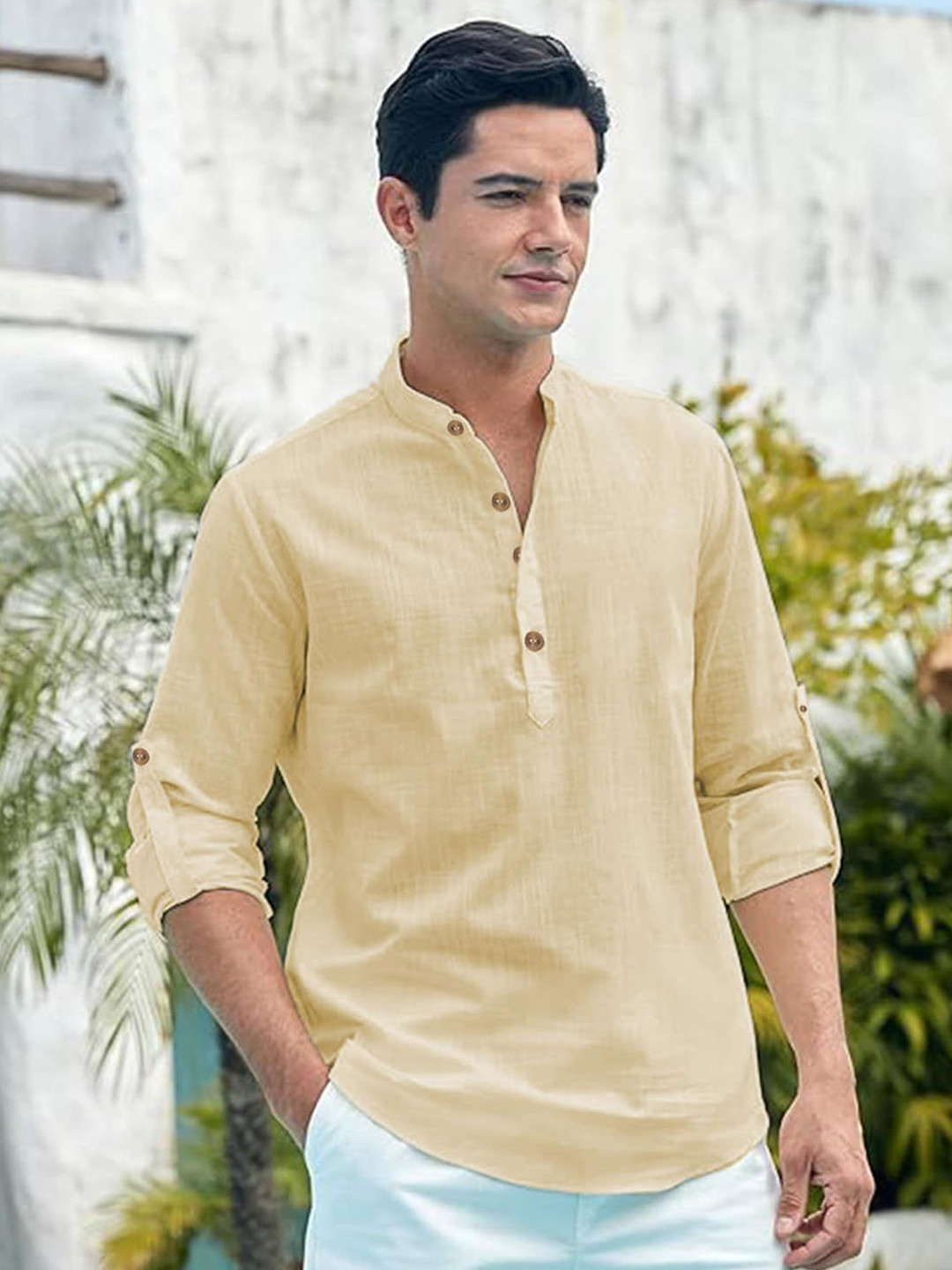 

EdinWolf Men India Slim Fit Band Collar Solid Cotton Casual Shirt, Beige