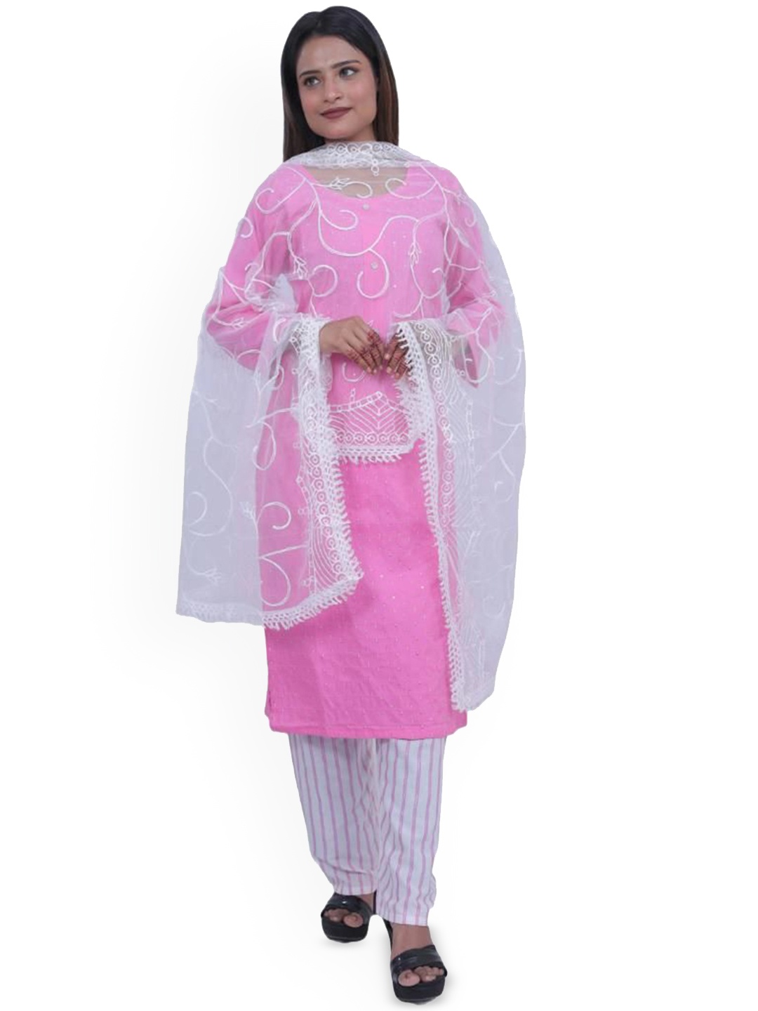 

Wavy Collection Cotton Silk Straight Kurta with Trousers & Dupatta, Pink