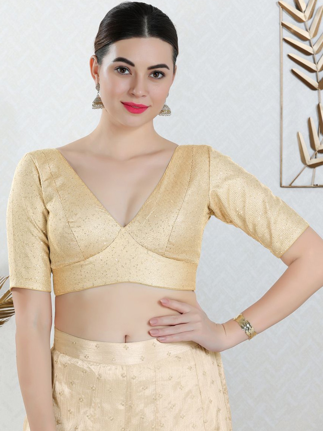 

VAMAS - THE DESIGNER BLOUSES Women V-Neck Padded Saree Blouse, Gold