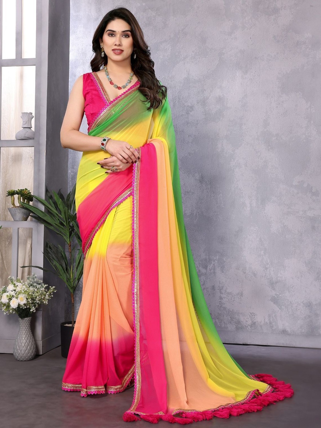 

ODETTE Ombre Beads and Stones Lace Work Saree, Yellow