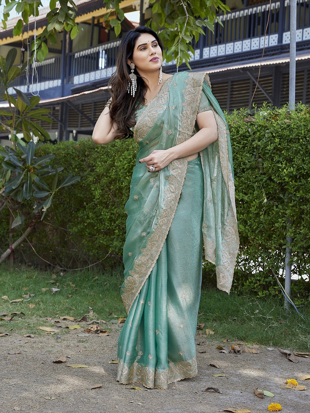 

Nirmohi Fashion Woven Design Embroidered Organza Saree, Green