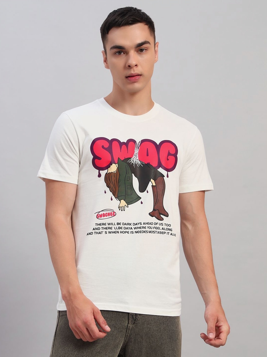 

SWAGNOX Men Graphic Printed Round Neck Cotton Regular Fit T-shirt, White