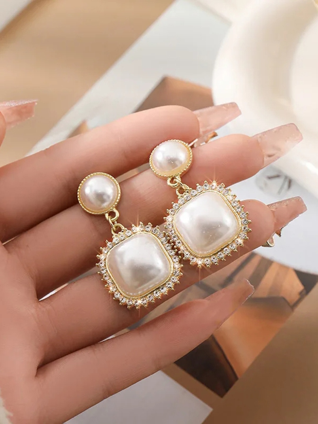 

Celestique Korean Gold Plated Pearls Contemporary Drop Earrings, White