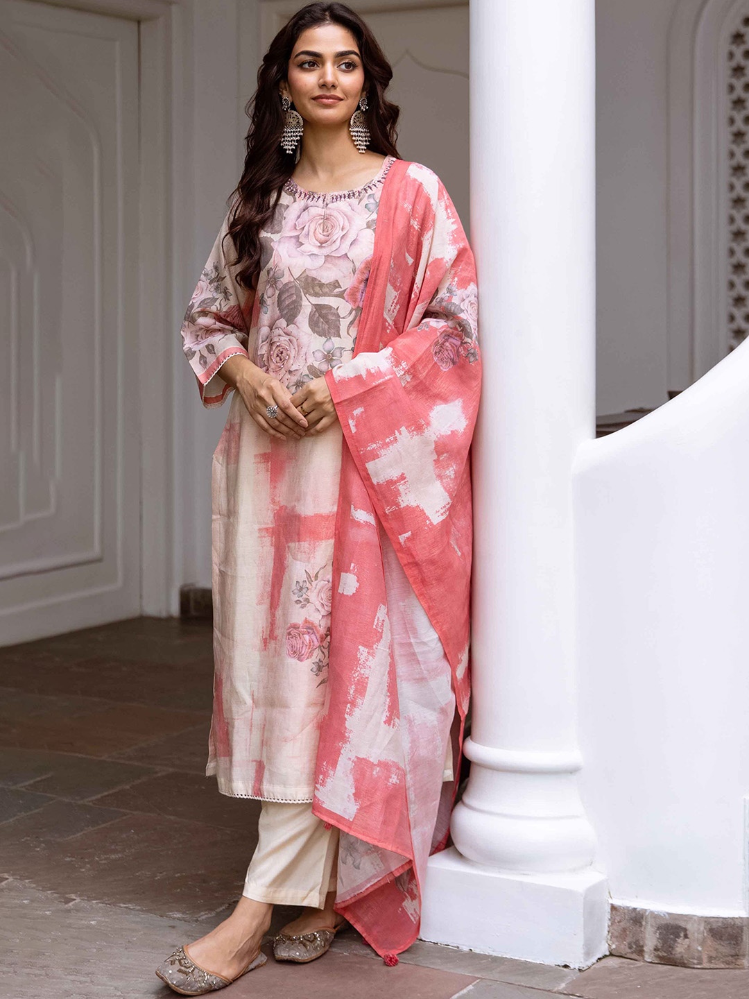 

KALINI Floral Printed Straight Kantha Work Kurta With Trousers And Dupatta, Beige