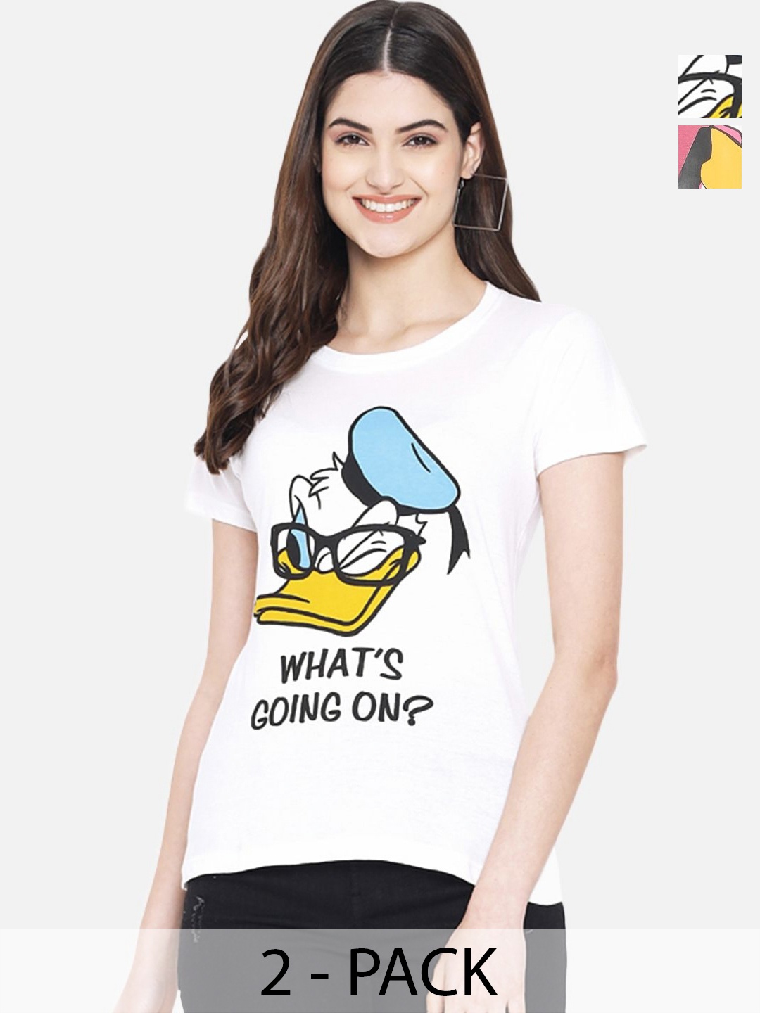 

Tromko Women Pack of 2 Donald Duck Graphic Printed Round Neck Cotton Regular Fit T-shirts, White