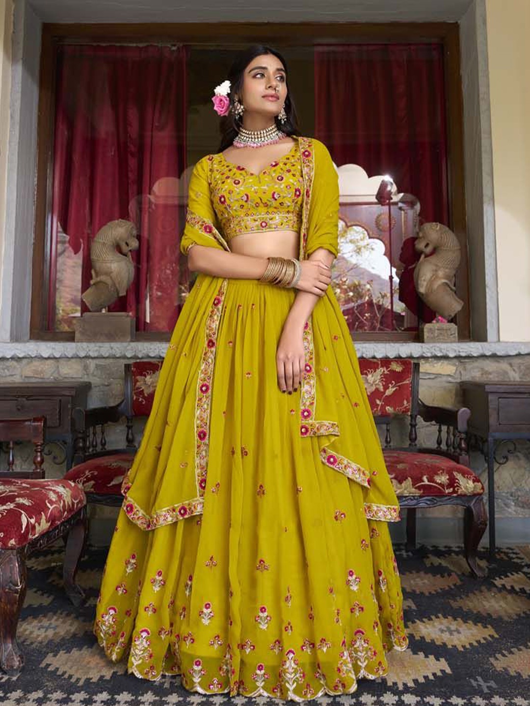 

LOOKNBOOK ART Floral Embroidered Ready to Wear Lehenga & Unstitched Blouse With Dupatta, Mustard