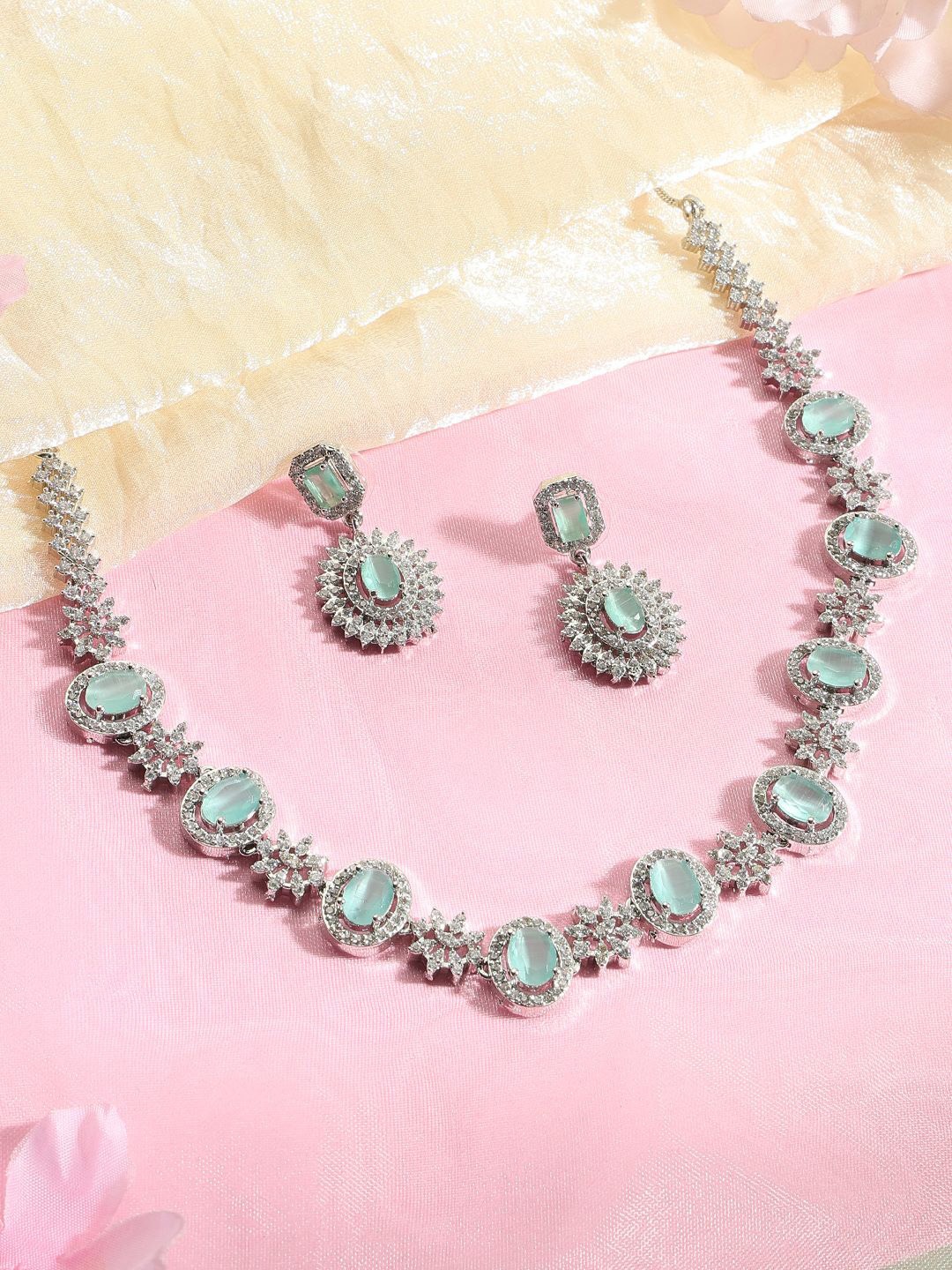 

justpeachy Rhodium Plated American Diamond Studded Jewellery Set, Silver