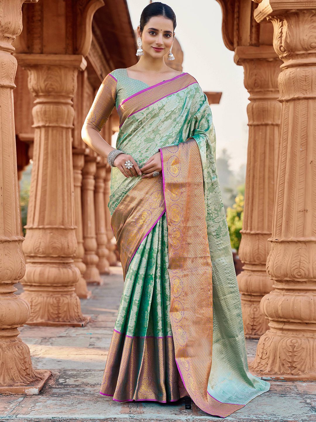 

Satrani Woven Design Zari Pure Silk Designer Paithani Saree, Green