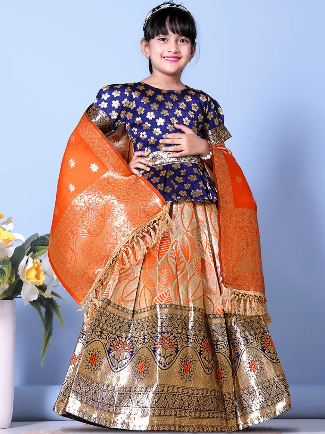 

BAESD Girls Zari Ready to Wear Lehenga & Blouse With Dupatta, Orange