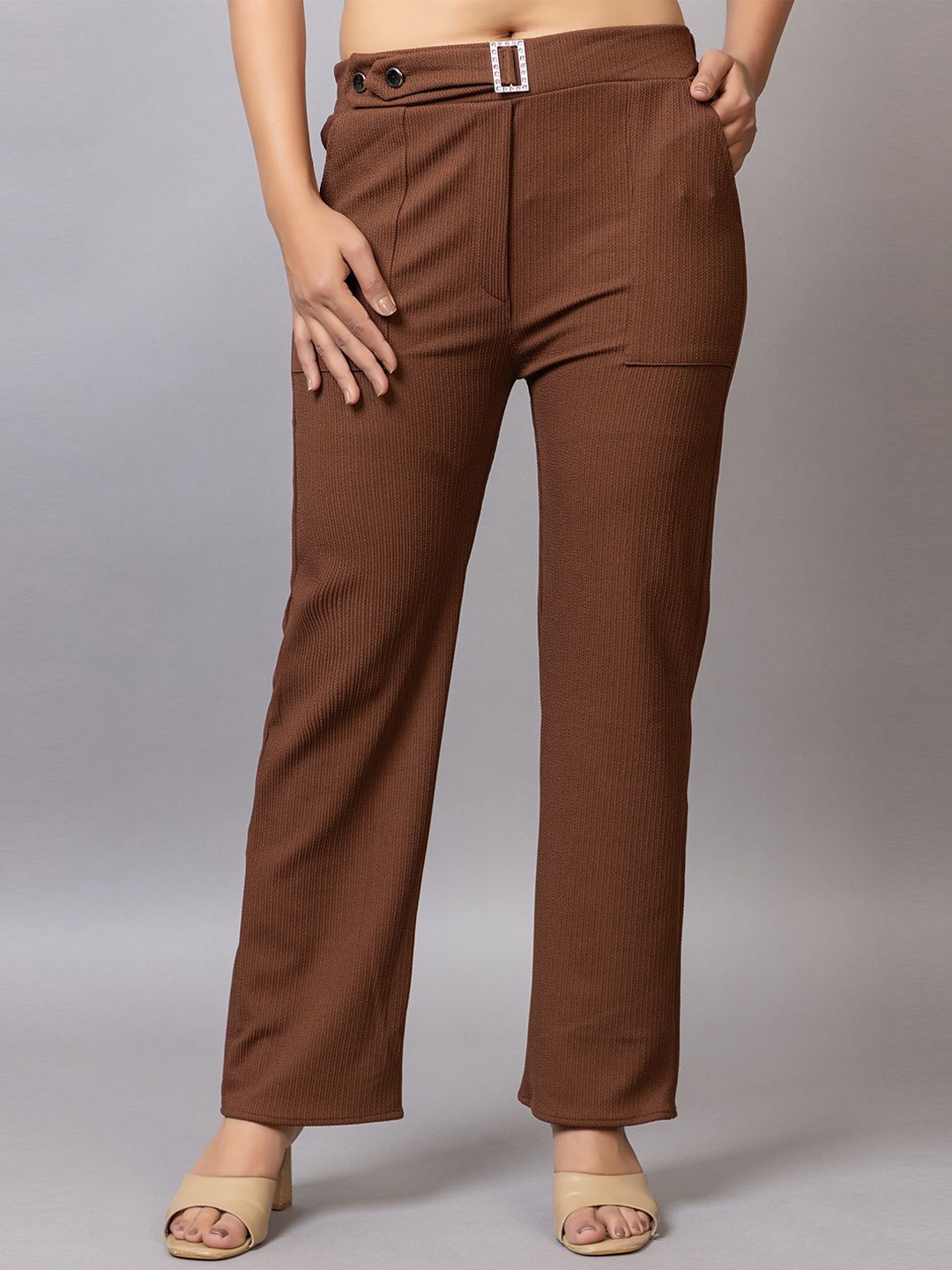 

PROBASIC Self Design Striped Mid-Rise Regular Trousers, Brown