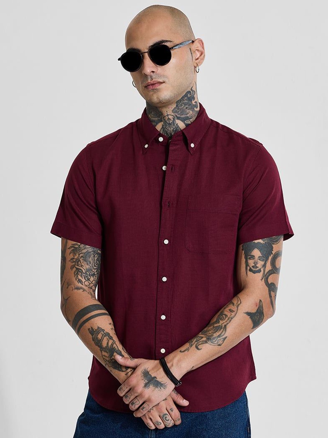 

Snitch Men Smart Slim Fit Button-Down Collar Solid Cotton Casual Shirt, Maroon
