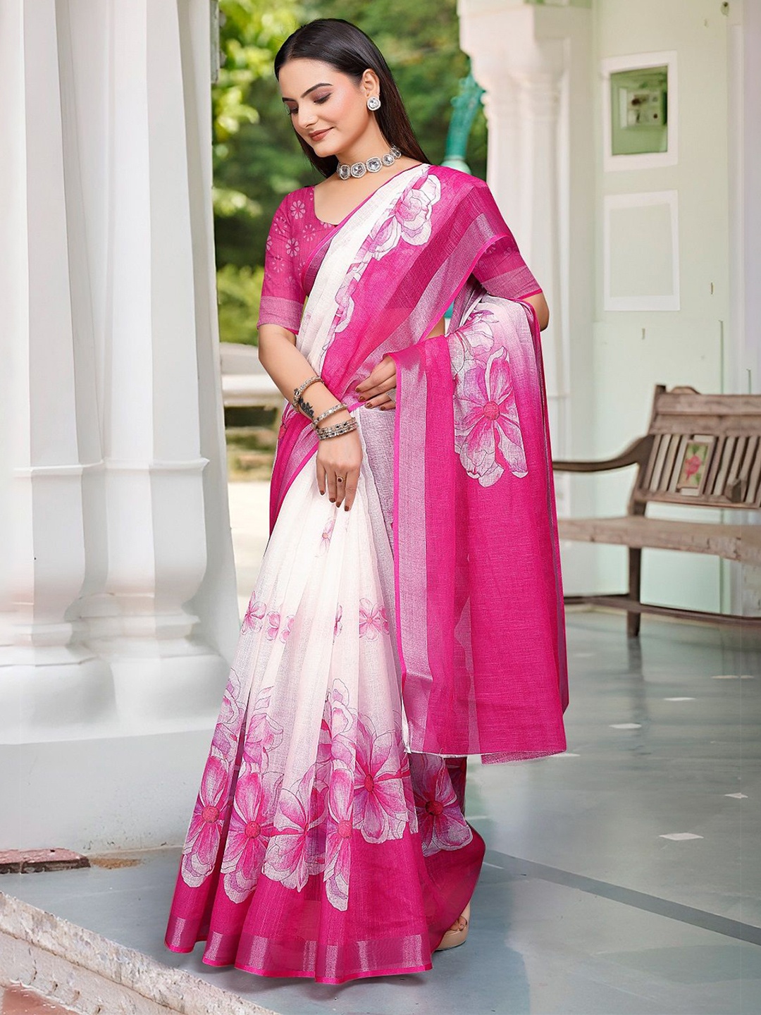 

Nimidiya Floral Printed Zari Pure Cotton Saree, White