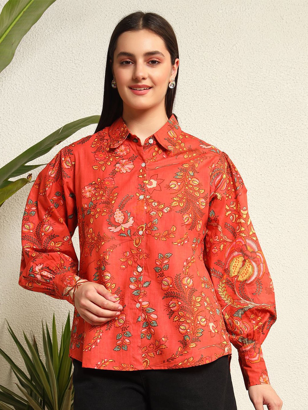 

HANDICRAFT PALACE Women Comfort Oversized Fit Floral Printed Cotton Casual Shirt, Orange