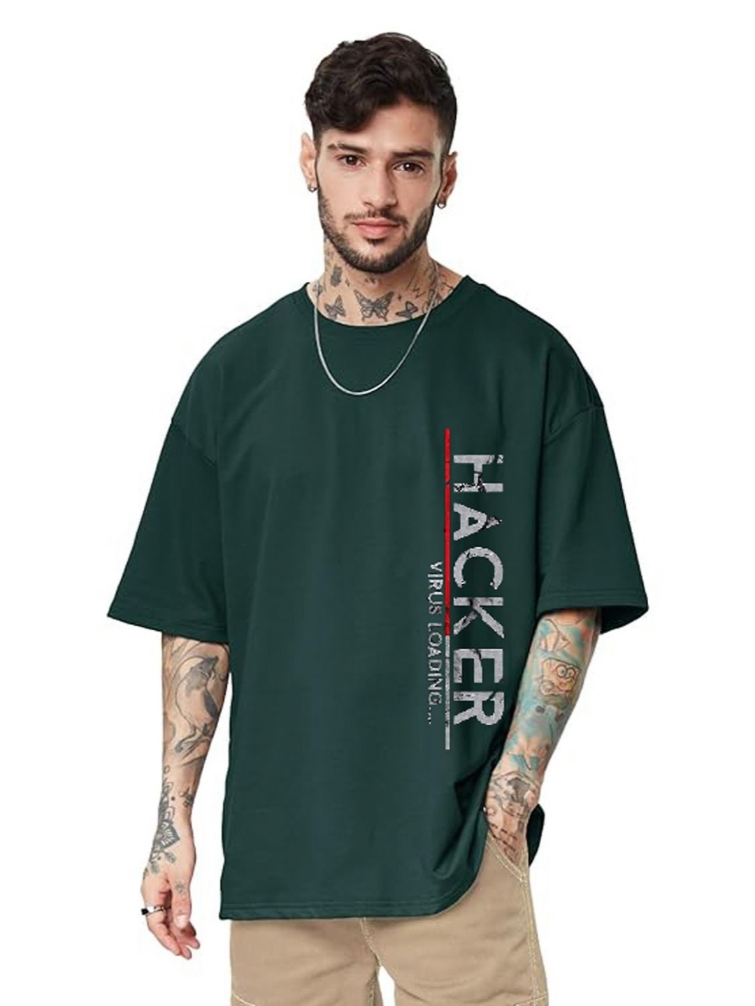 

f Gallery Men Solid Round Neck Oversized T-shirt, Green